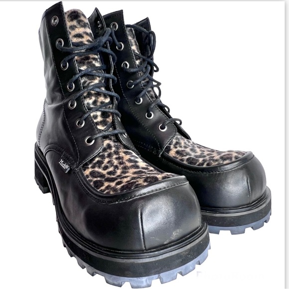 Retro Mudd Boots Combat Moto Y2K Leopard Black Genuine Leather 10 Lace Up - Picture 14 of 17